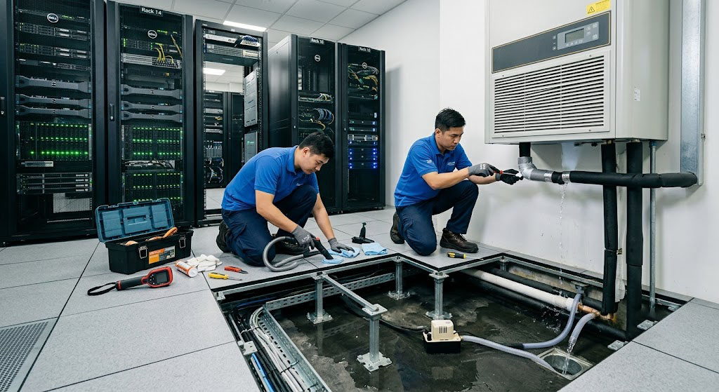 แอร์ห้อง Server น้ำหยดใต้พื้นยก ทำอย่างไร วิธีรับมือฉุกเฉินและป้องกันวิกฤตด้วยระบบตรวจจับน้ำรั่วซึม (Water Leak Detection) แบบ Digital